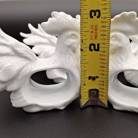 Unique Rooster Large Comb Large Plummage Napkin Rings White Porcelain Set Of 4 - Picture 9 of 13